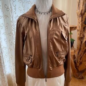 Brown Faux Leather Bomber Jacket for Women Medium